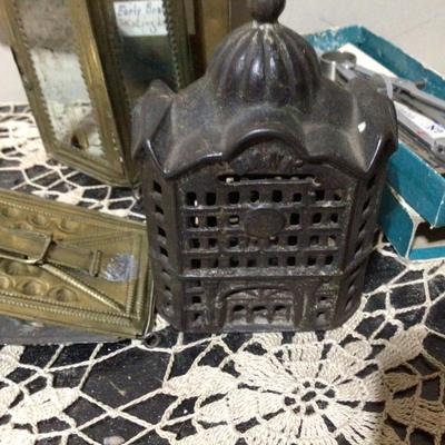 Cast Iron House Bank, Metal Compase Measuring Device, Brass Skating Lamp
