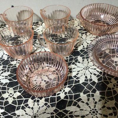 Three Pink Queen Mary Bowls, Six Pink Petelware Cups