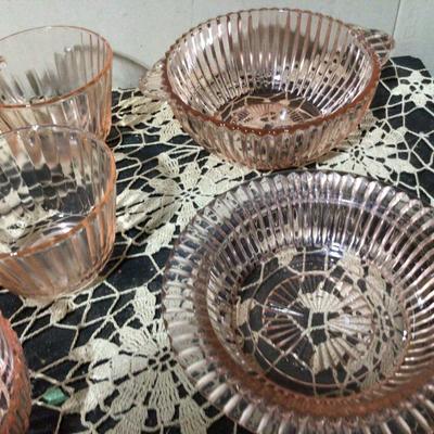Three Pink Queen Mary Bowls, Six Pink Petelware Cups