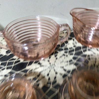 Fostoria Clear Footed Bowl, Fan Vase, Pink Glass Candle Holder, Pink Glass Cream and Sugar
