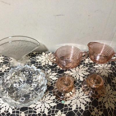 Fostoria Clear Footed Bowl, Fan Vase, Pink Glass Candle Holder, Pink Glass Cream and Sugar