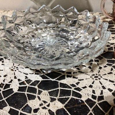 Fostoria Clear Footed Bowl, Fan Vase, Pink Glass Candle Holder, Pink Glass Cream and Sugar