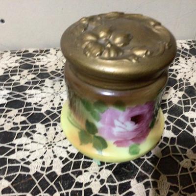Hand Painted Glass Cigar or Tobacco Humidor With Brass Lid