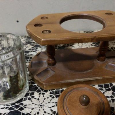 Wood Pipe Holder With Glass Tobacco Humidor With Wood Lid