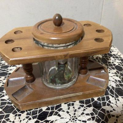 Wood Pipe Holder With Glass Tobacco Humidor With Wood Lid
