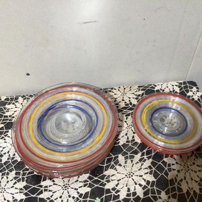 Red, Yellow, Blue Striped on Clear Glass Plates