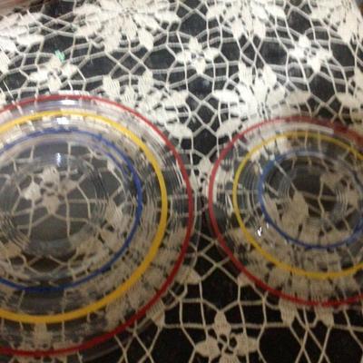 Red, Yellow, Blue Striped on Clear Glass Plates
