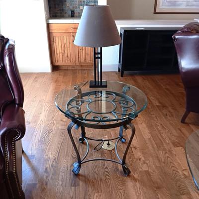 WROUGHT IRON WITH BEVELED GLASS TOP SIDE TABLE PLUS LAMP