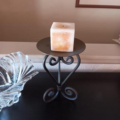 MIKASA BELLE EPOQUE CRYSTAL CENTERPIECE BOWL & IRON CANDLE HOLDER