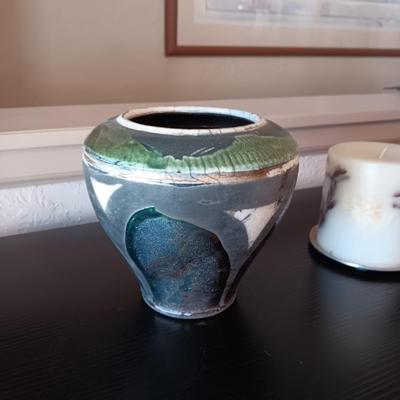 BEAUTIFUL CLAY POT AND A PILLAR CANDLE