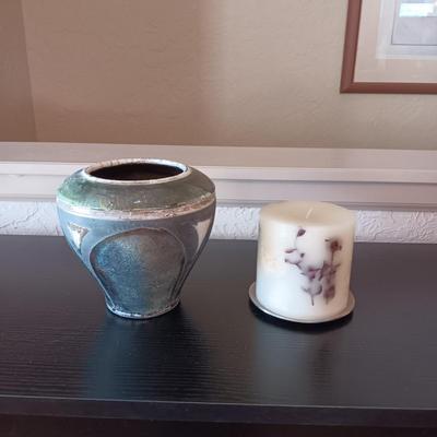 BEAUTIFUL CLAY POT AND A PILLAR CANDLE
