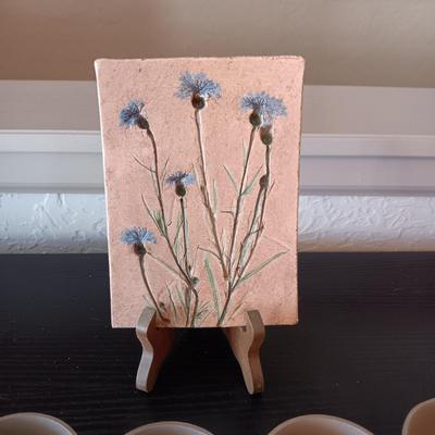 BRONZE GOOSE, HAND CARVED & PAINTED FLOWERS ON A SLAB OF ROCK PLUS "HOME" VOTIVE CANDLE HOLDERS