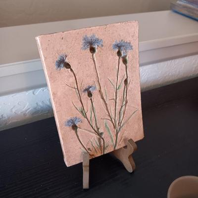 BRONZE GOOSE, HAND CARVED & PAINTED FLOWERS ON A SLAB OF ROCK PLUS "HOME" VOTIVE CANDLE HOLDERS