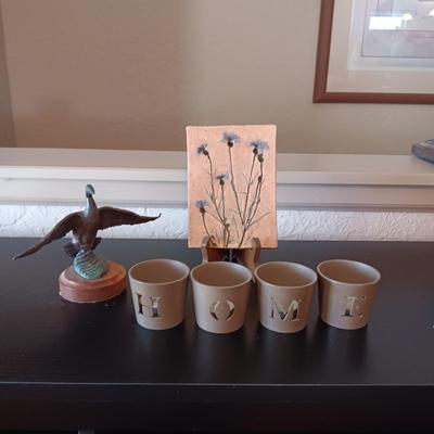 BRONZE GOOSE, HAND CARVED & PAINTED FLOWERS ON A SLAB OF ROCK PLUS "HOME" VOTIVE CANDLE HOLDERS