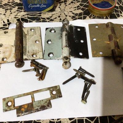 Three Metal Hinges, and Tobacco Tin Lot