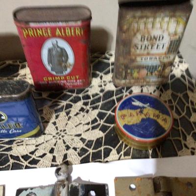 Three Metal Hinges, and Tobacco Tin Lot