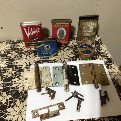 Three Metal Hinges, and Tobacco Tin Lot