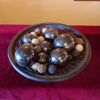 WOODEN WEAVED BOWL CENTERPIECE WITH GLASS SPHERES AND MORE