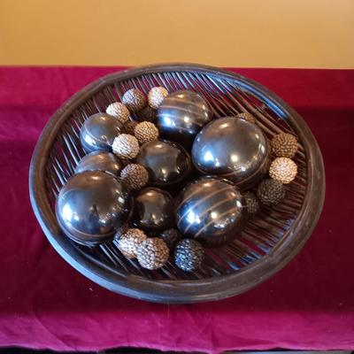 WOODEN WEAVED BOWL CENTERPIECE WITH GLASS SPHERES AND MORE