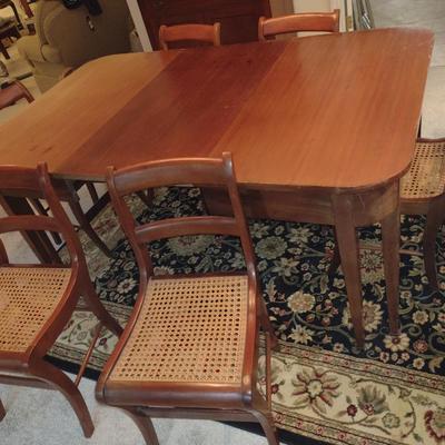 Vintage Wooden Dining Table with Six Cane Seat Chairs