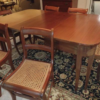 Vintage Wooden Dining Table with Six Cane Seat Chairs