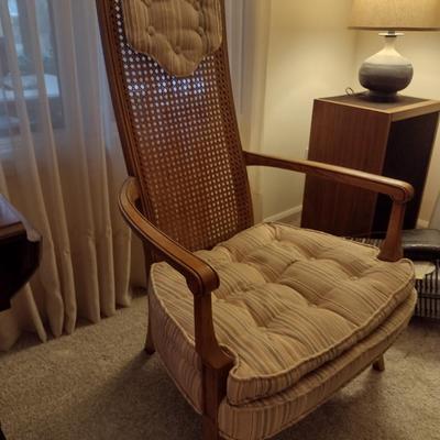 Wooden Framed High Back Caned Chair with Upholstered Seat and Head Rest (Choice B)