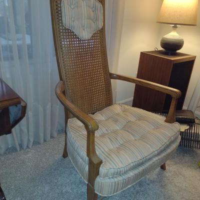 Wooden Framed High Back Caned Chair with Upholstered Seat and Head Rest (Choice B)