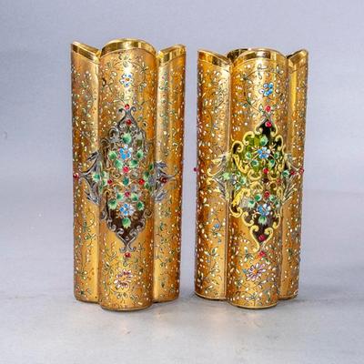 PAIR OF GOLD GILT / HAND PAINTED VASES (MOSER?)