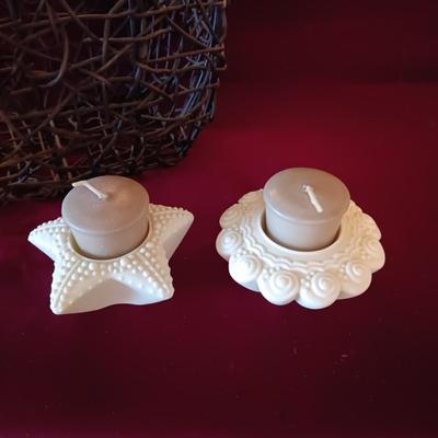 WOVEN TWIG BASKET AND 2 PARTYLITE VOTIVE CANDLE HOLDERS