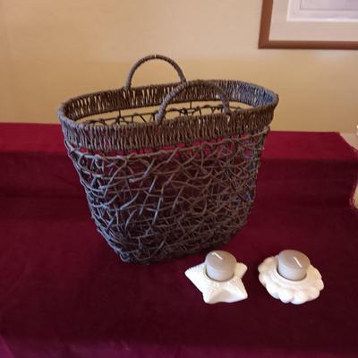 WOVEN TWIG BASKET AND 2 PARTYLITE VOTIVE CANDLE HOLDERS