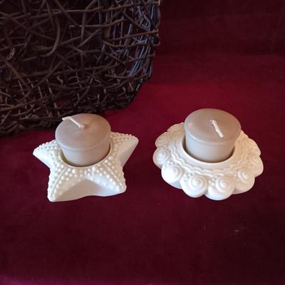 WOVEN TWIG BASKET AND 2 PARTYLITE VOTIVE CANDLE HOLDERS