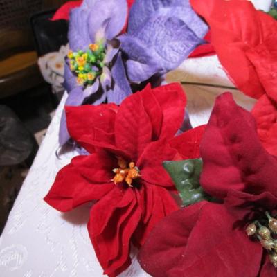 Poinsettias & berries, & shiny blue beaded bush for décor