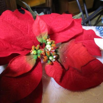 Poinsettias & berries, & shiny blue beaded bush for décor