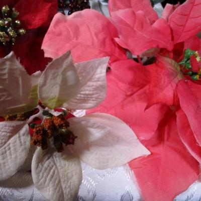 Poinsettias & berries, & shiny blue beaded bush for décor