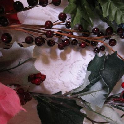 Poinsettias & berries, & shiny blue beaded bush for décor