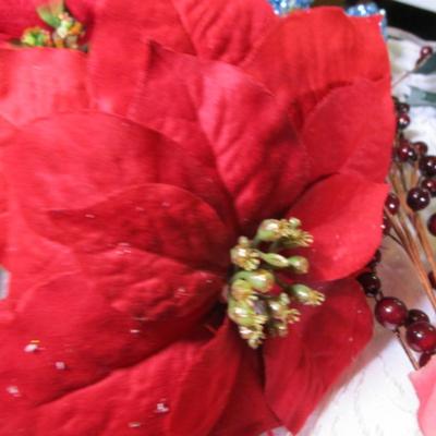 Poinsettias & berries, & shiny blue beaded bush for décor