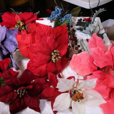 Poinsettias & berries, & shiny blue beaded bush for décor