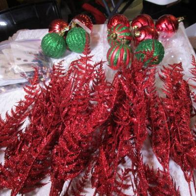 11 Christmas ornaments, 14 red shiny leaf stems, sequins & sequins pins