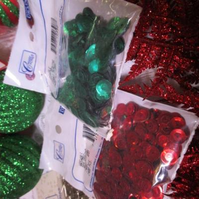 11 Christmas ornaments, 14 red shiny leaf stems, sequins & sequins pins