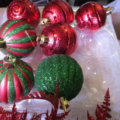 11 Christmas ornaments, 14 red shiny leaf stems, sequins & sequins pins