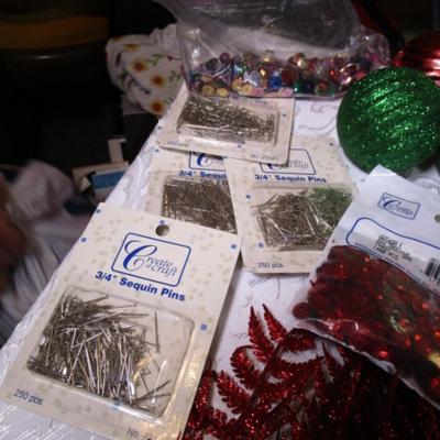 11 Christmas ornaments, 14 red shiny leaf stems, sequins & sequins pins