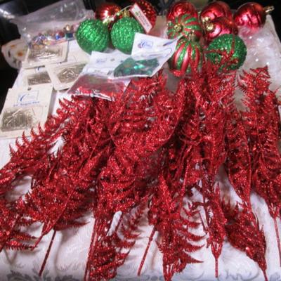 11 Christmas ornaments, 14 red shiny leaf stems, sequins & sequins pins