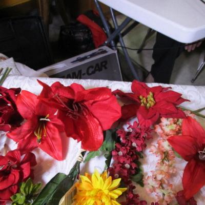 Dragonflies on lily pads, various silk flowers
