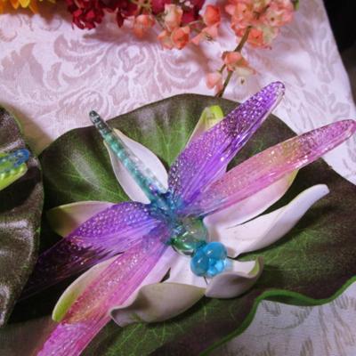 Dragonflies on lily pads, various silk flowers