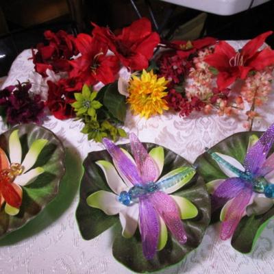 Dragonflies on lily pads, various silk flowers