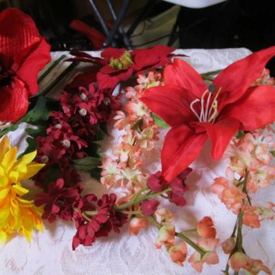 Dragonflies on lily pads, various silk flowers