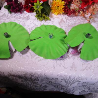 Dragonflies on lily pads, various silk flowers