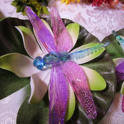Dragonflies on lily pads, various silk flowers