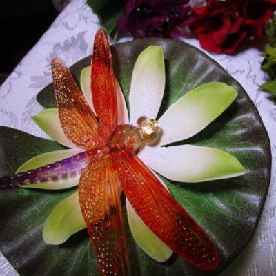 Dragonflies on lily pads, various silk flowers