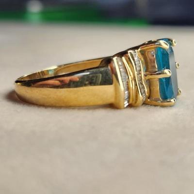 14k Yelow Gold Blue Topaz Diamond Ring Size 9.25